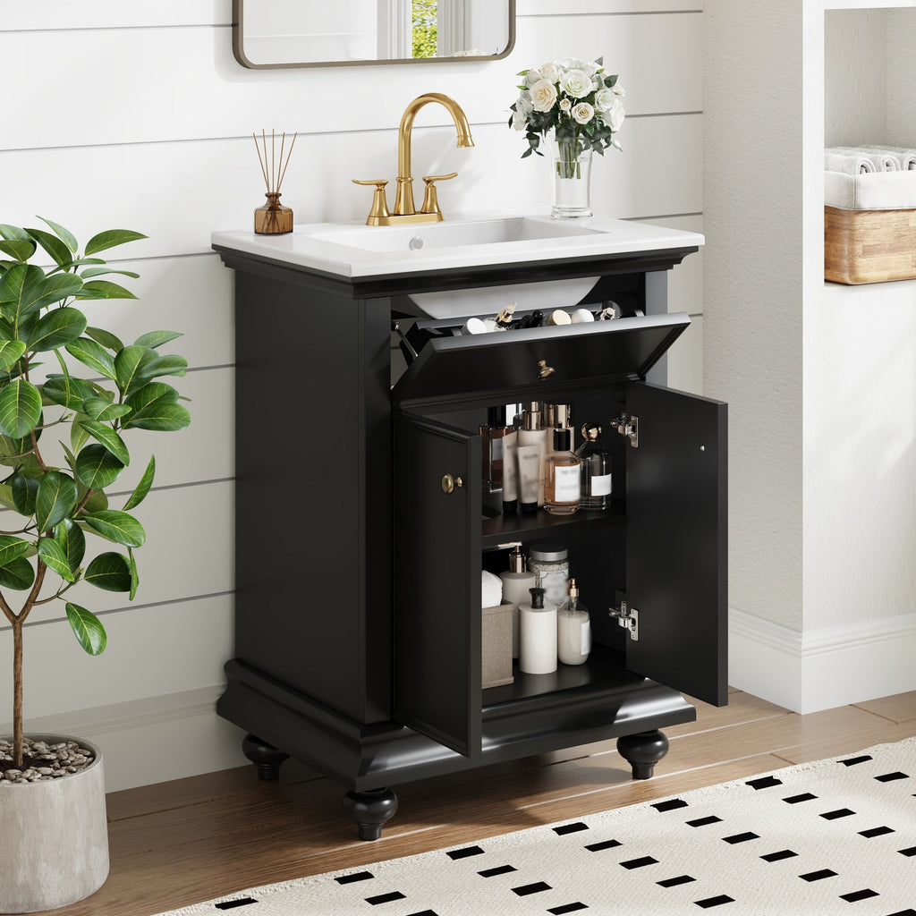 24" Modern Bathroom Vanity with Tip-Out Drawer & Soft-Close Hinges - Black, Green, or White