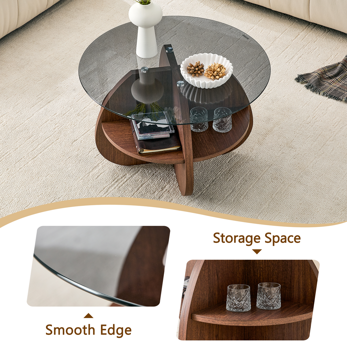 Creative Cross-Structure Round Coffee Table with Glass Top - Walnut Finish