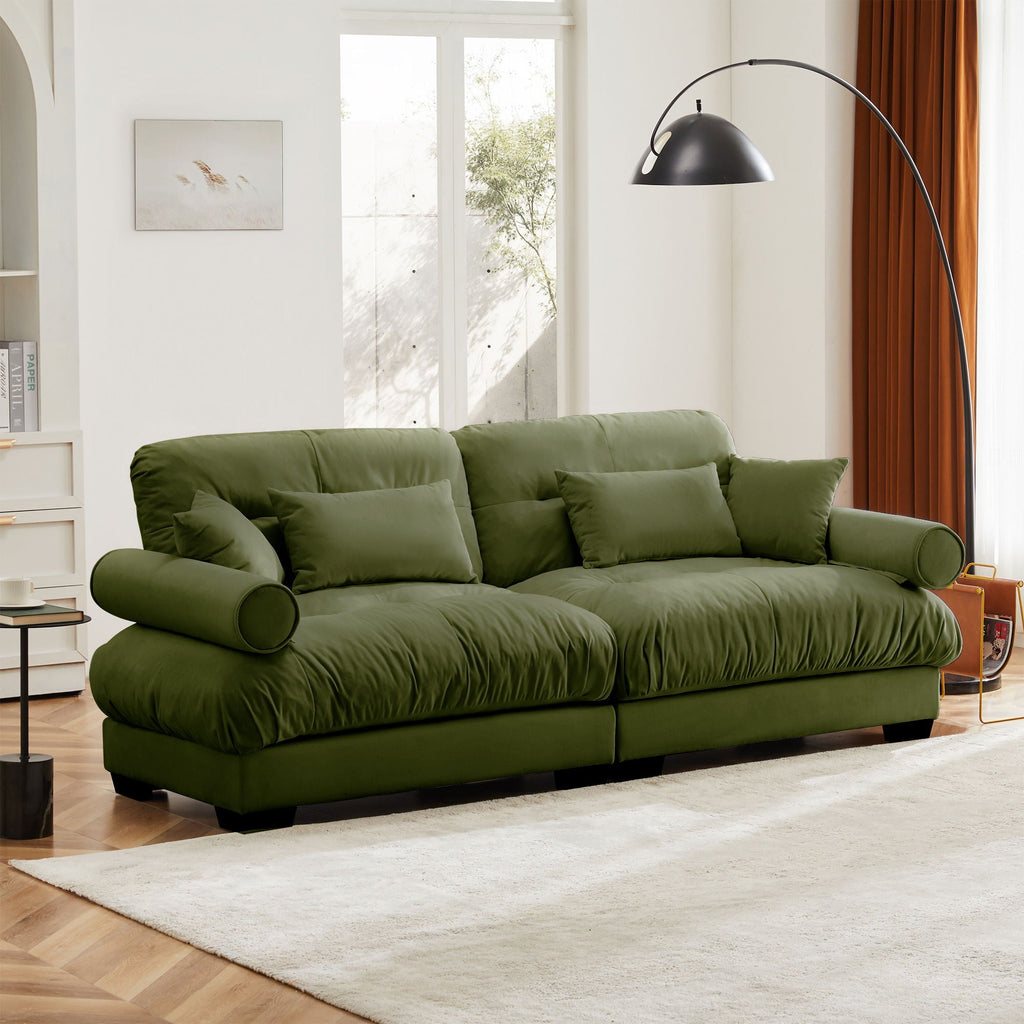 Modern Sofa with Bolstered Armrests and Pillows - Beige or Dark Green