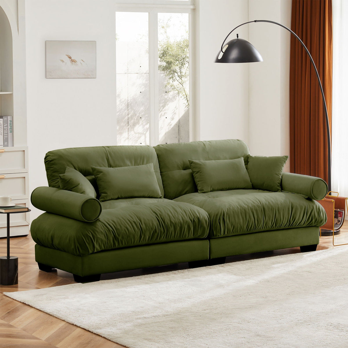 Modern Sofa with Bolstered Armrests and Pillows - Beige or Dark Green