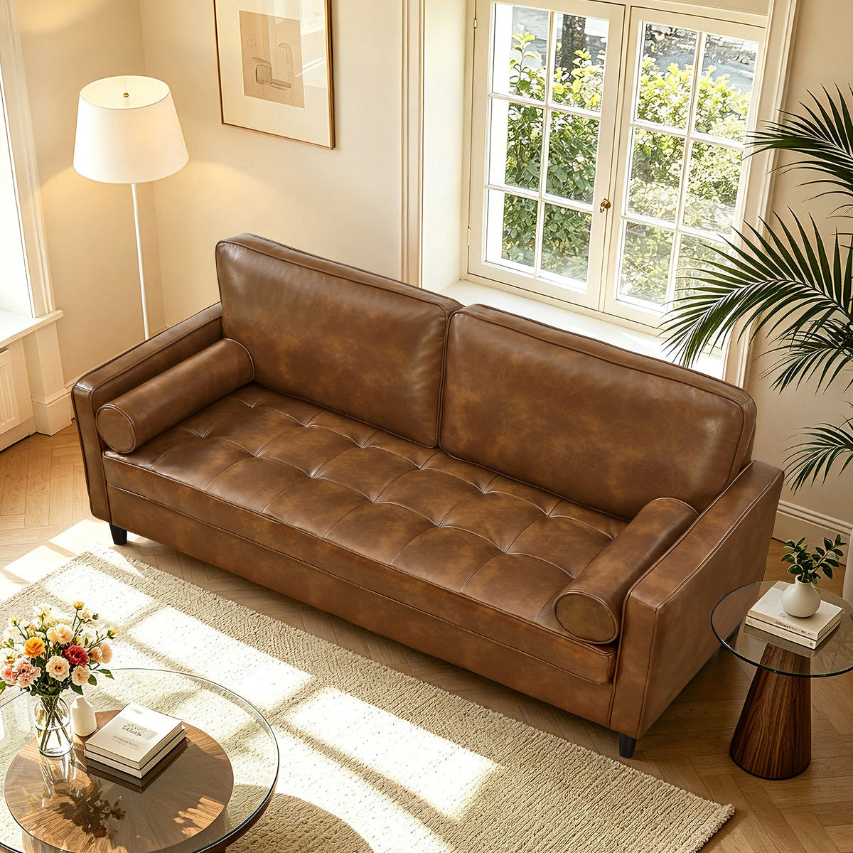 Classic Design Leather Couch with Tufted Seat Cushion - Faux Leather