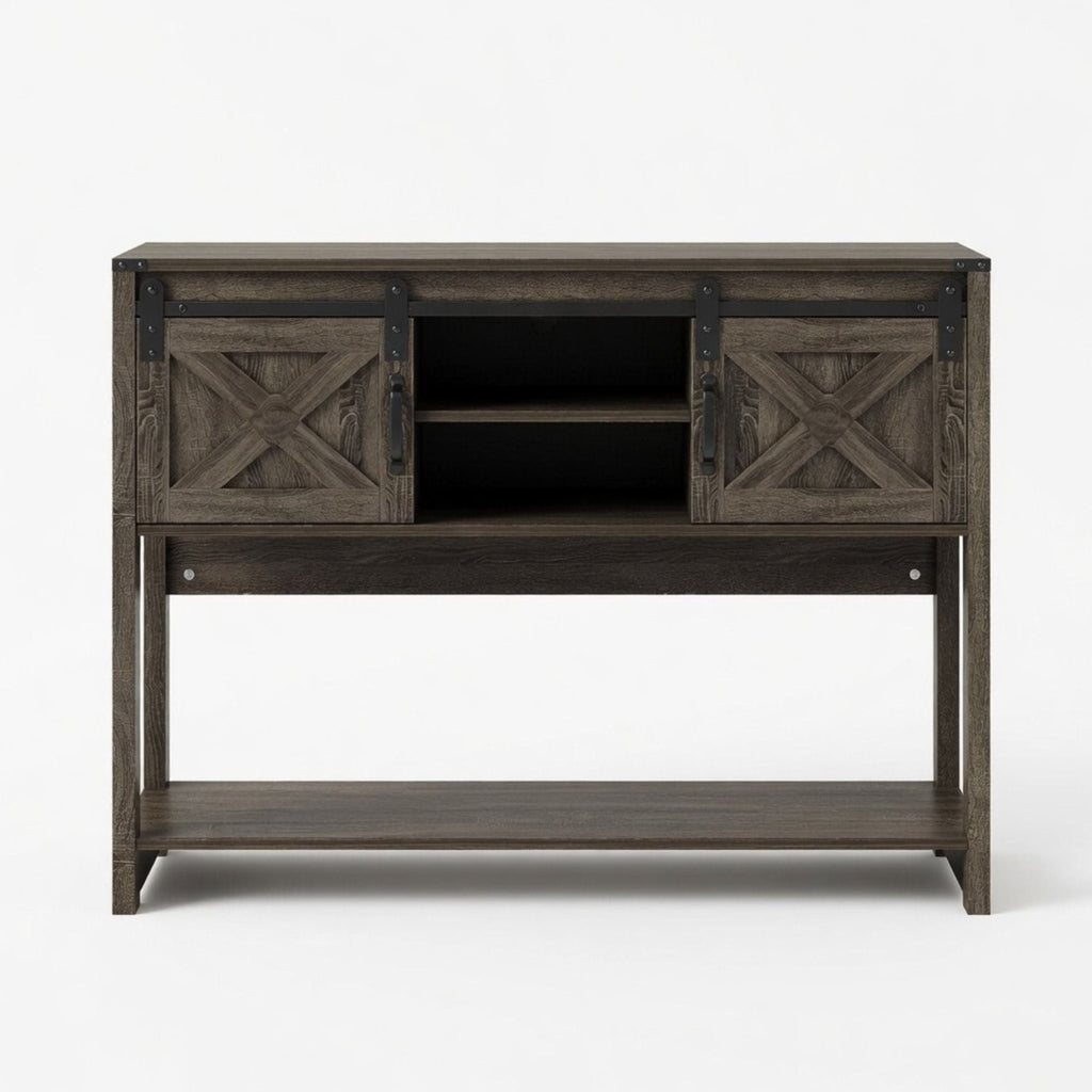 Farmhouse Entryway Table with Sliding Barn Door - Gray, Dark Gray, White, Black