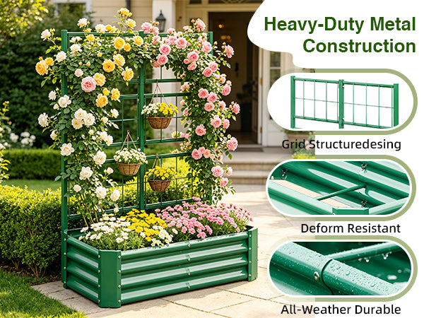 Galvanized Raised Garden Bed with Arch Trellis – Green