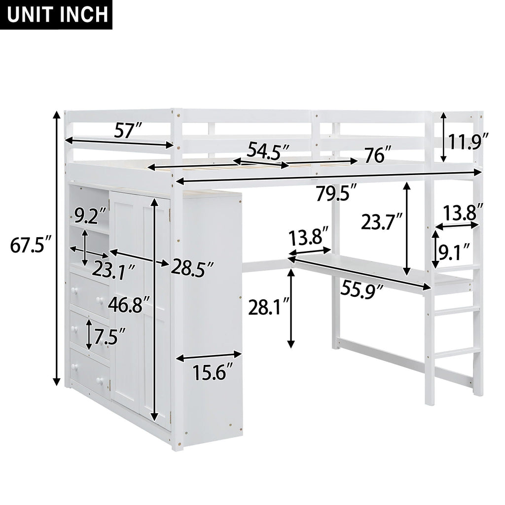 Full Size Loft Bed with Built-In Wardrobe, Shelves, and Drawers - White or Dark Gray