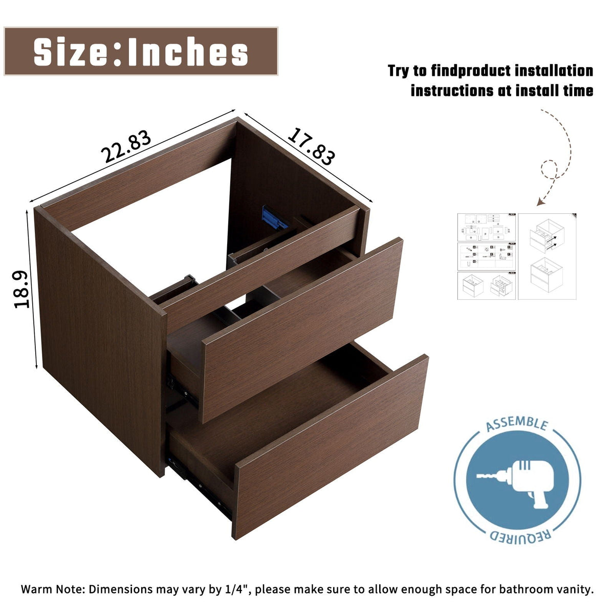 Bathroom Vanity with Wall Hang Storage and Porcelain Basin - Brown / White