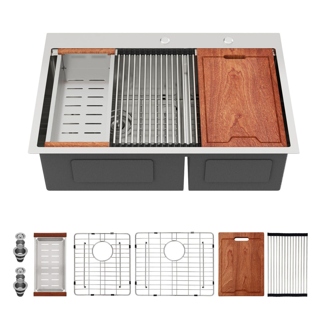 Gray Double Bowl Kitchen Sink with 16 Gauge Stainless Steel - Dual Mount