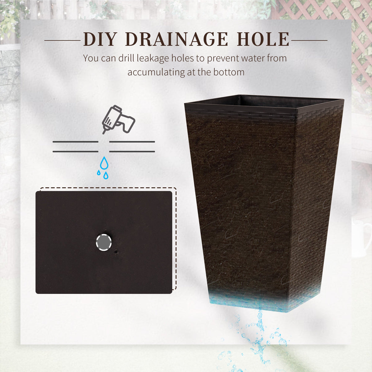 Tall Polypropylene Planter Set with Drainage - Brown or Black