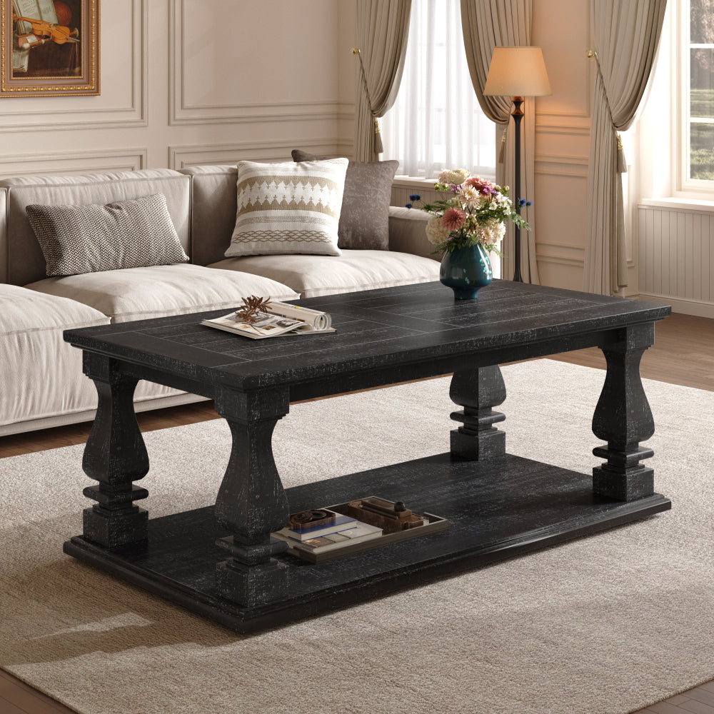 Farmhouse Coffee Table with Storage Shelf 47" Rustic Solid Wood Planked Top & Square Baluster Legs
