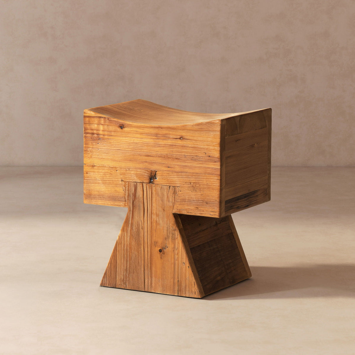 Brown Reclaimed Wood Stool Ottoman with Sculptural Saddle Seat