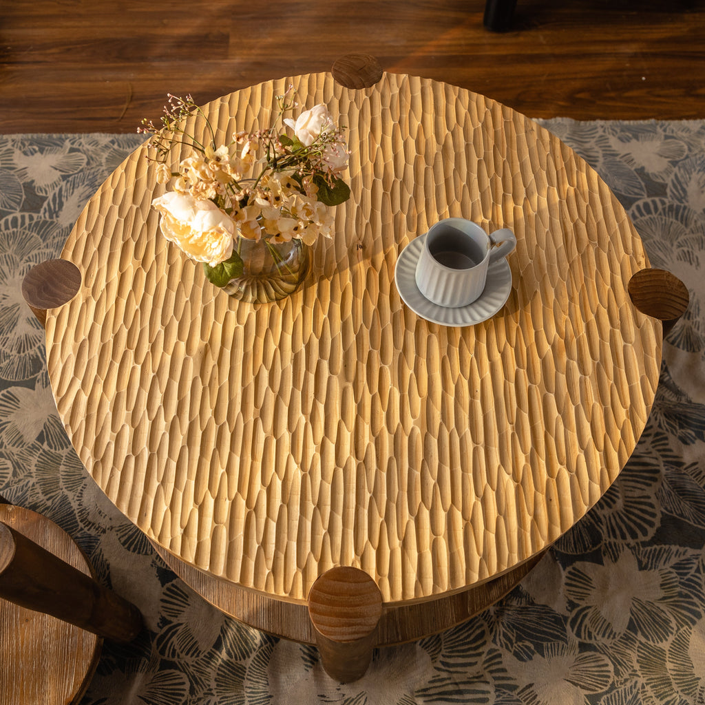 Round Coffee Table with Solid Wood Base and 2-Tier Storage - Natural
