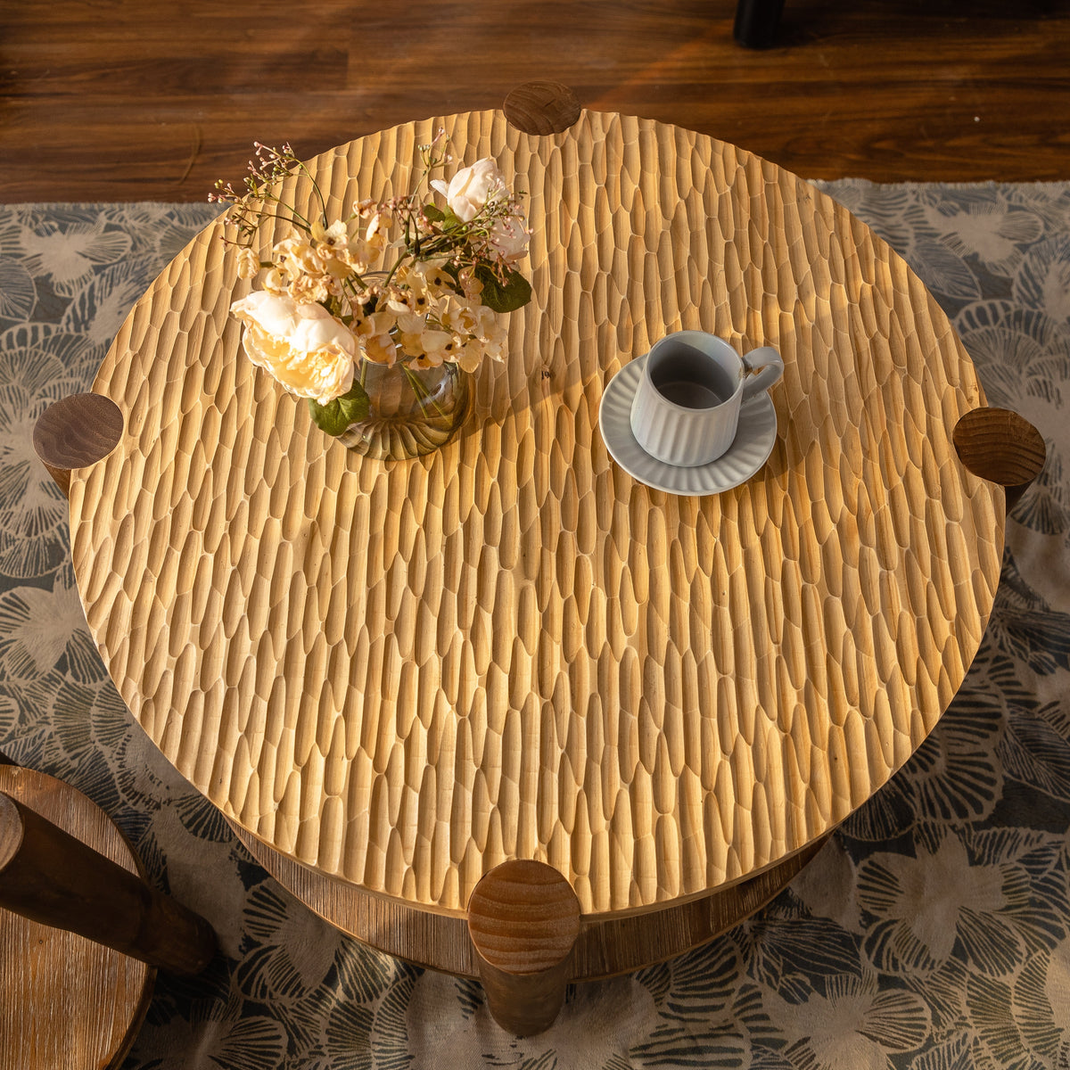 Round Coffee Table with Solid Wood Base and 2-Tier Storage - Natural