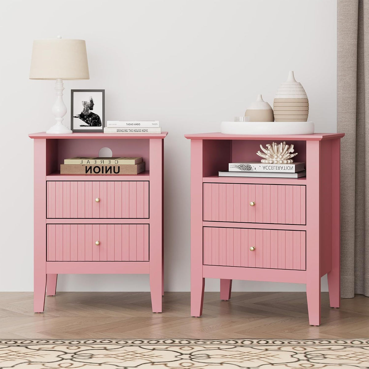 Fluted Nightstand with 2 Drawers and Soft-Close Slides - Multiple Colors