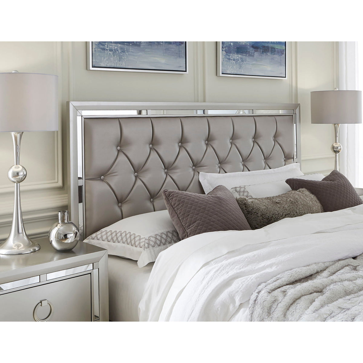 Elegant Design Panel Bed with Tufted Headboard - Pearl Silver