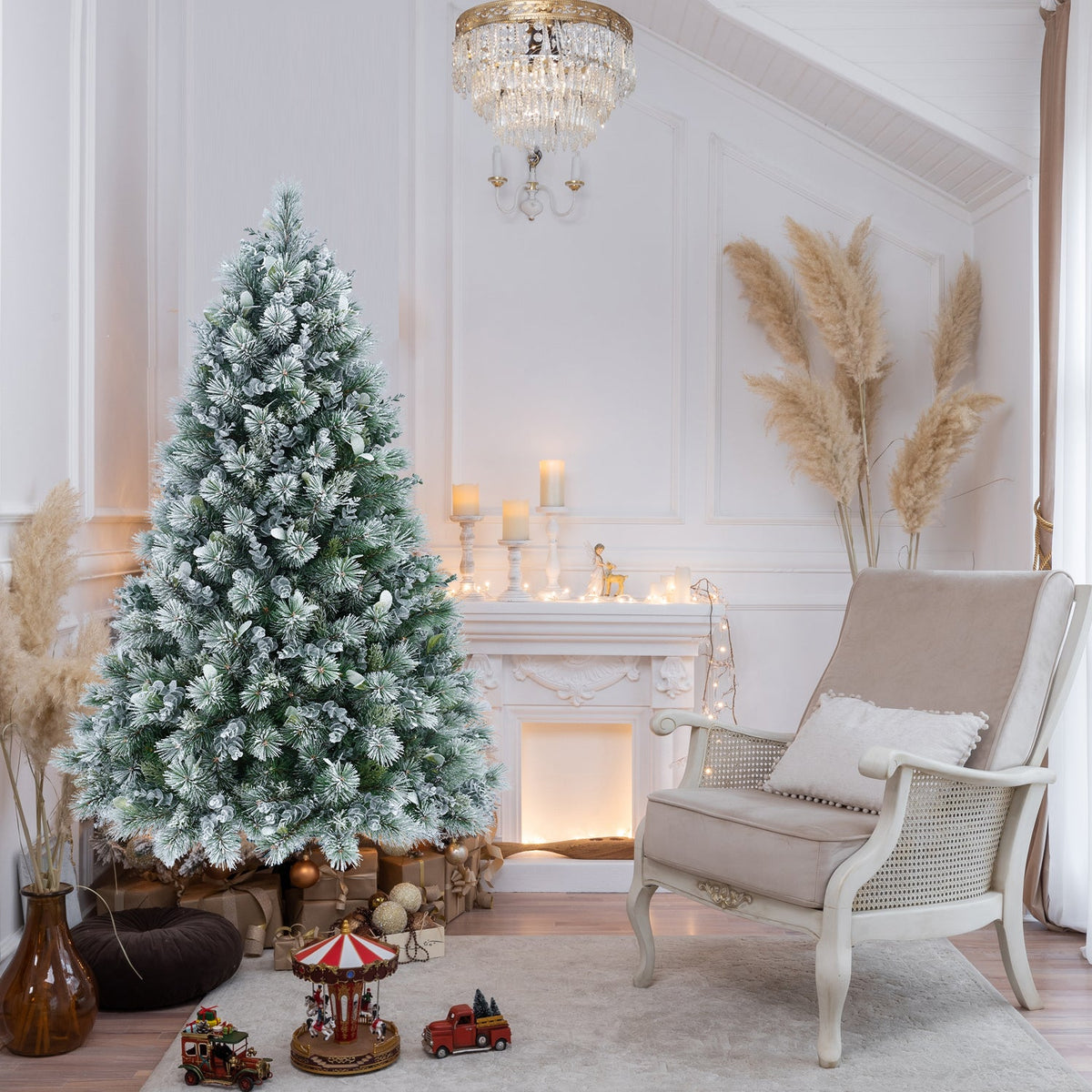 4FT Flocked Christmas Tree with Pine Needles & Eucalyptus Leaves - Frosted PVC