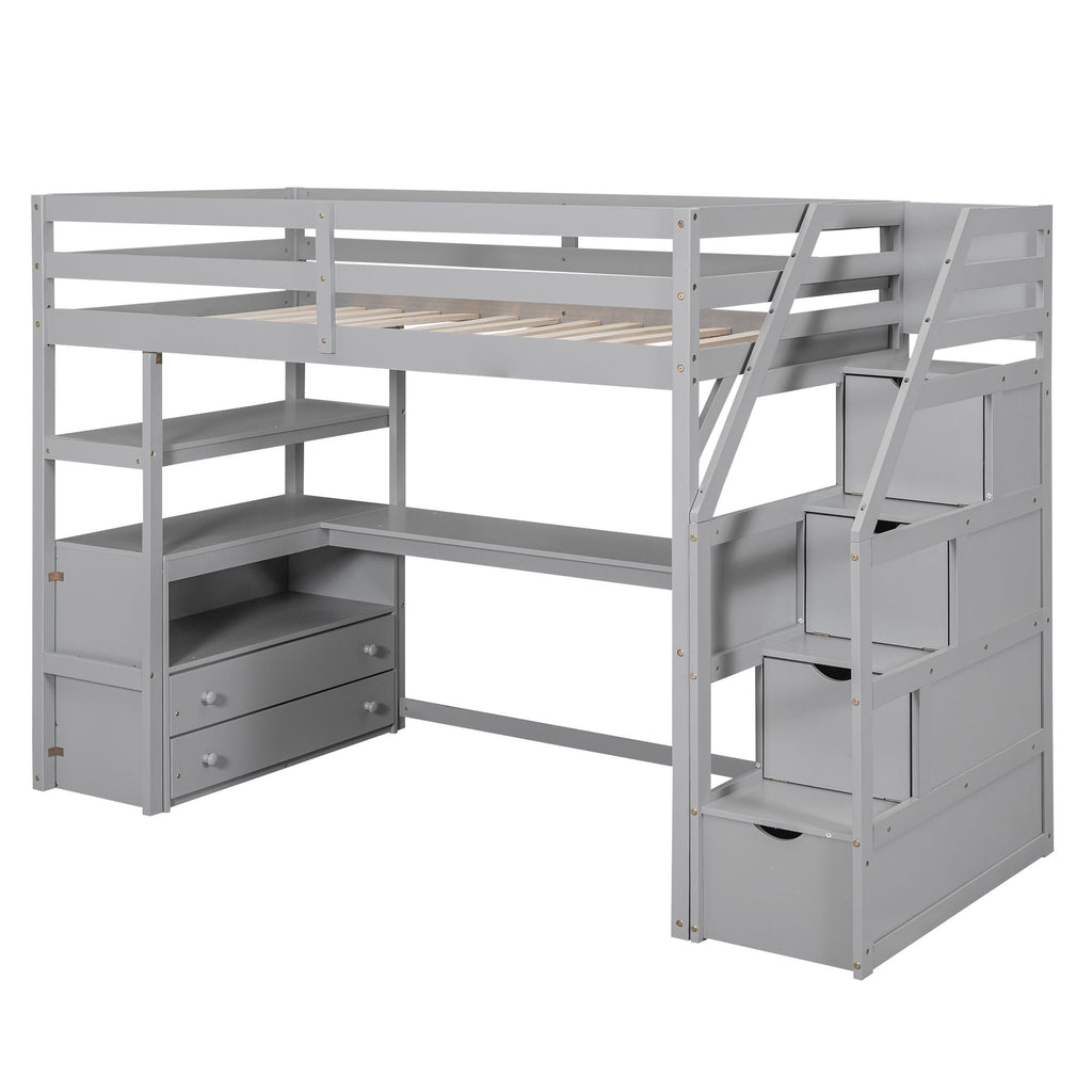 Loft Bed with Desk and Storage Staircase - Full or Twin, White or Gray