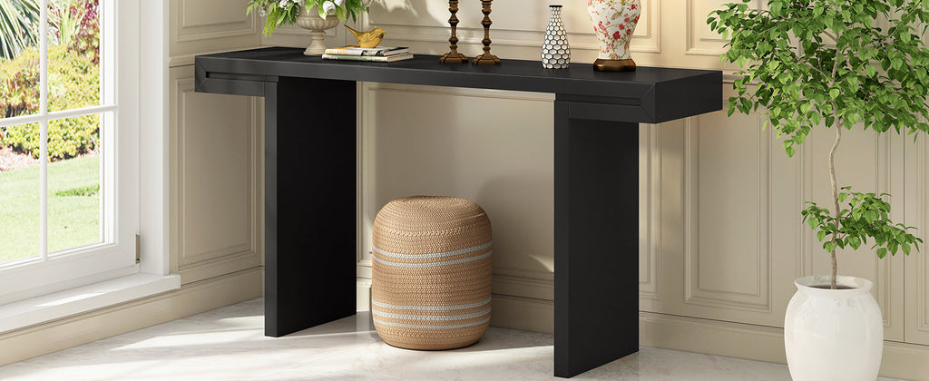 60-Inch Console Table with Geometric Design and Adjustable Feet - Black or Navy Blue