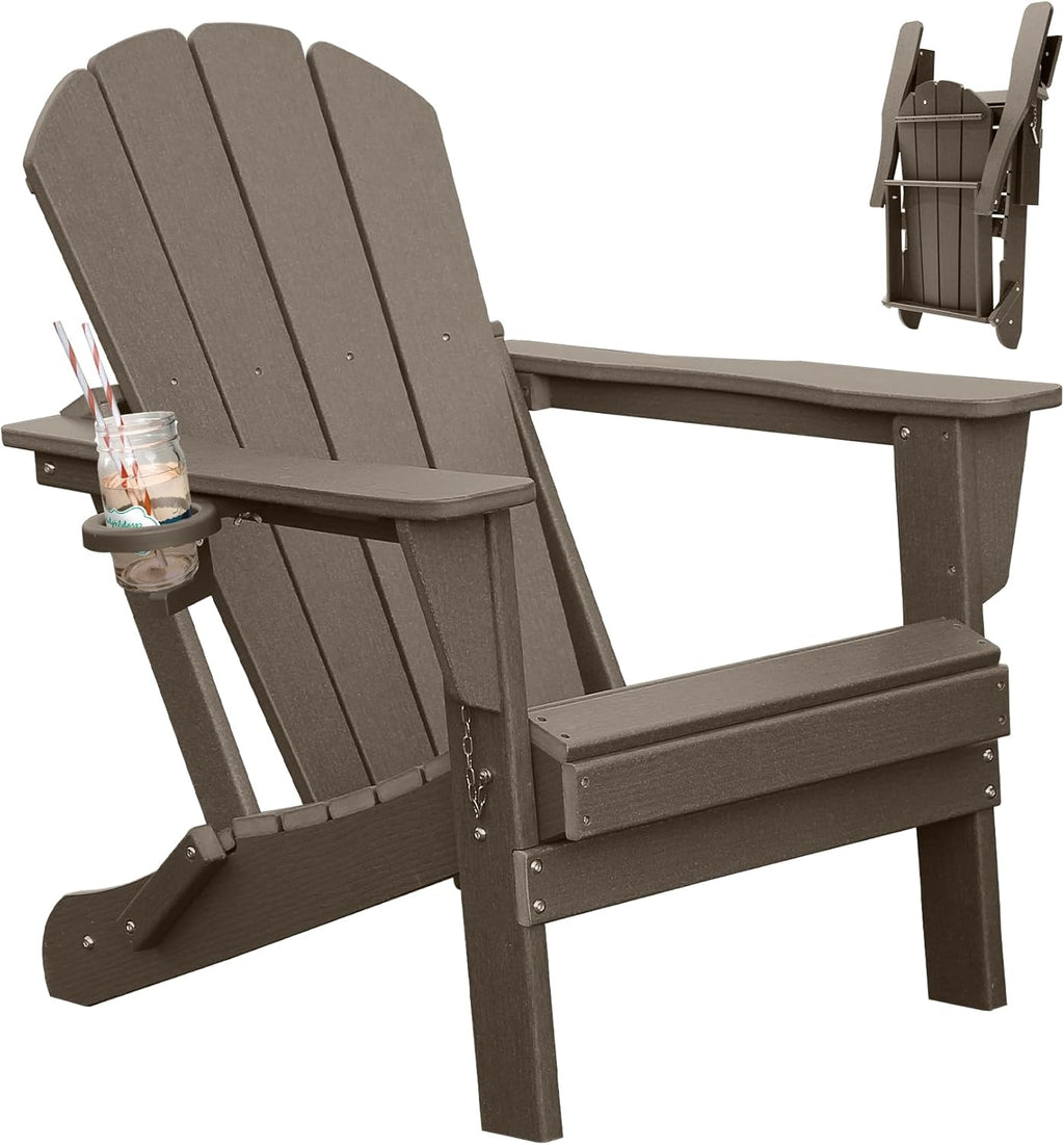 Brown Folding Adirondack Chair with Cup Holder - HDPE Outdoor Seating