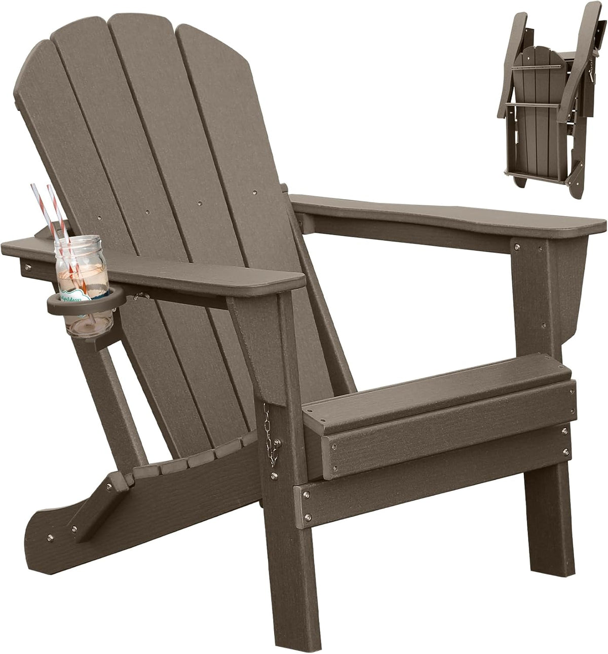 Brown Folding Adirondack Chair with Cup Holder - HDPE Outdoor Seating