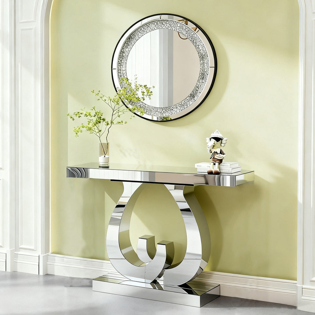 Modern Mirror Side Table with Double C-Shape Base - Silver Mirror