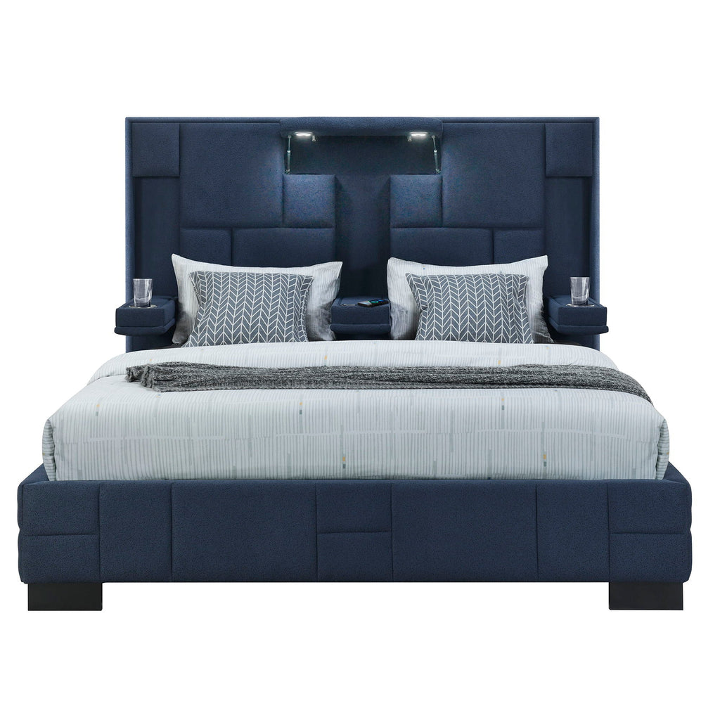 Yaris Upholstered Bed with Wireless Charging and LED Lights - Gray or Blue