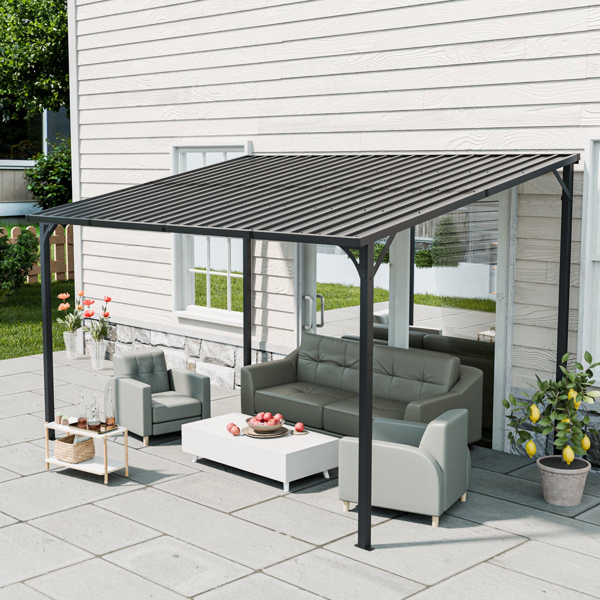 Galvanized Steel Lean-to Pergola with Wall Mount - 12' x 8'