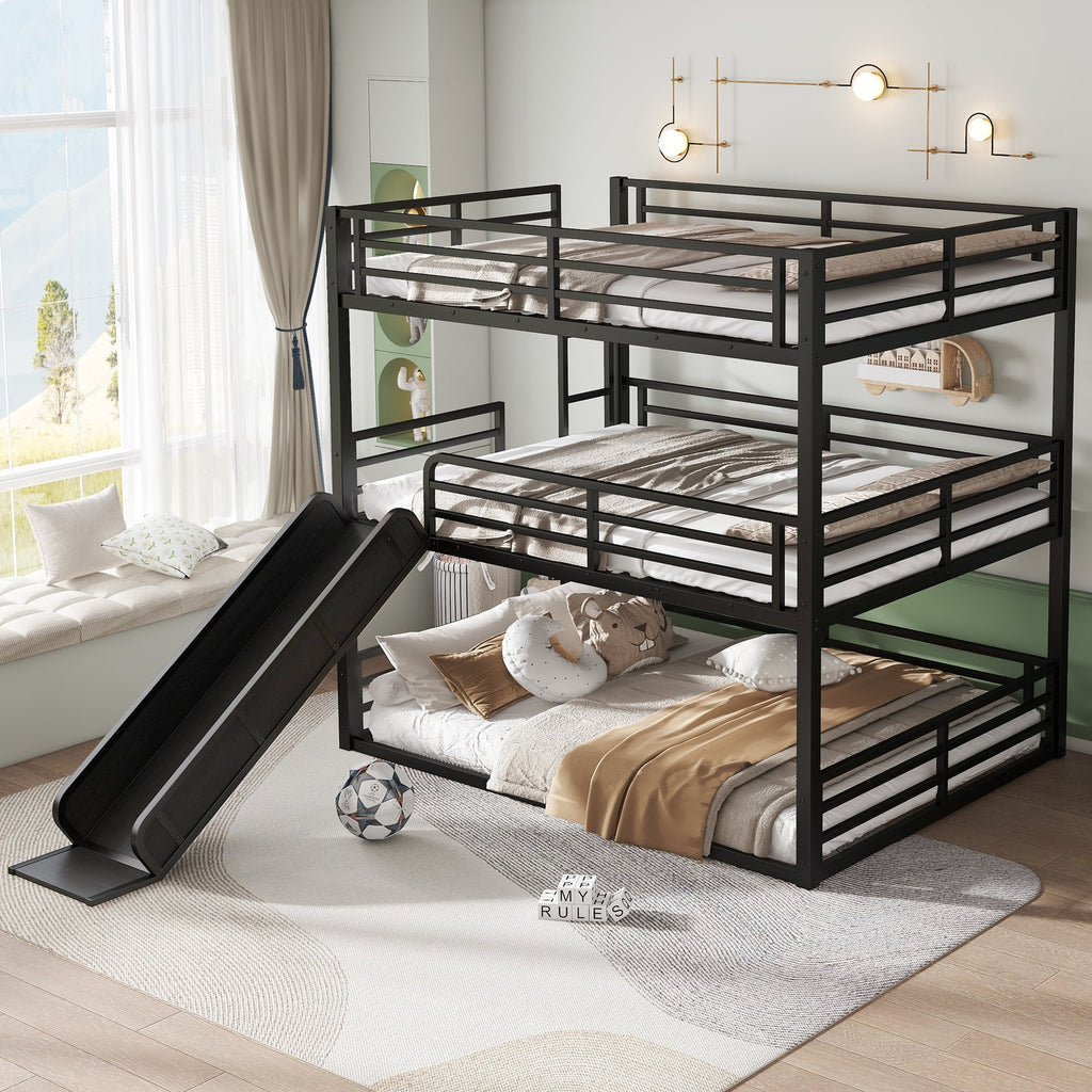 Queen Over Queen Triple Bunk Bed with Slide - Metal Frame