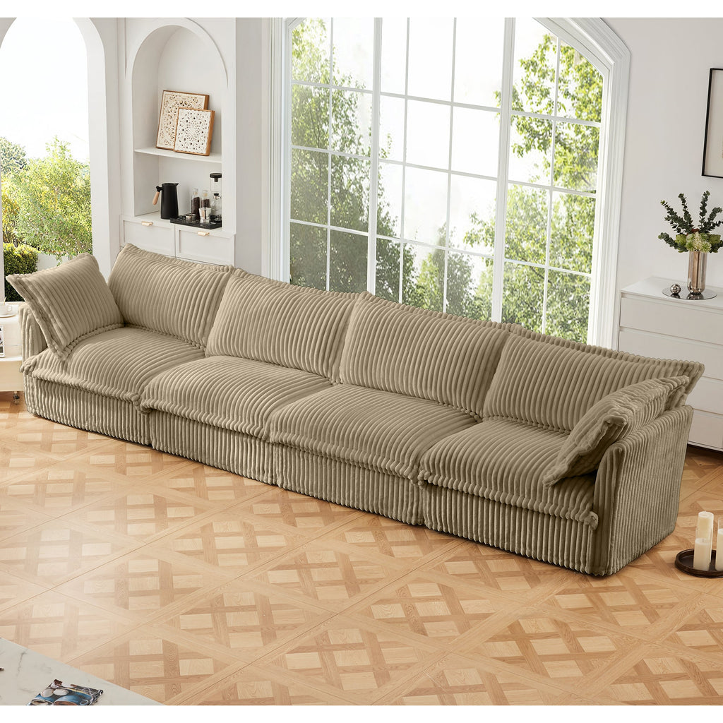 Slipcovered Long Sofa - 4 Seater Couch with Removable Covers - Camel Corduroy