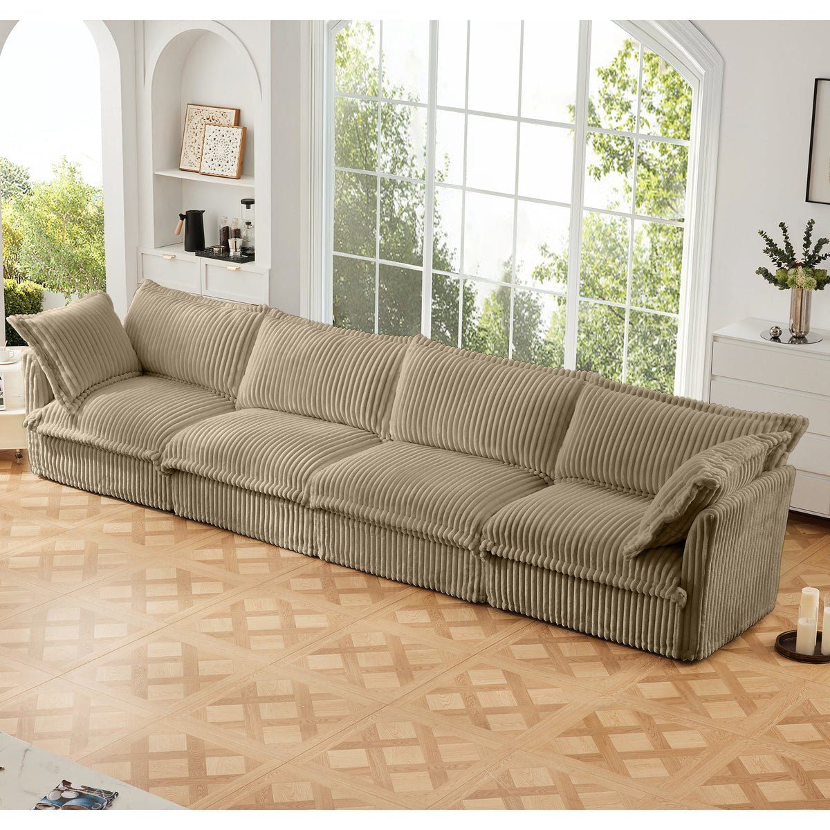 Slipcovered Long Sofa - 4 Seater Couch with Removable Covers - Camel Corduroy