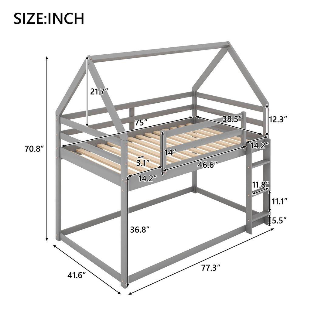Low Bunk Bed With House Shaped Frame and Ladder - Twin Over Twin