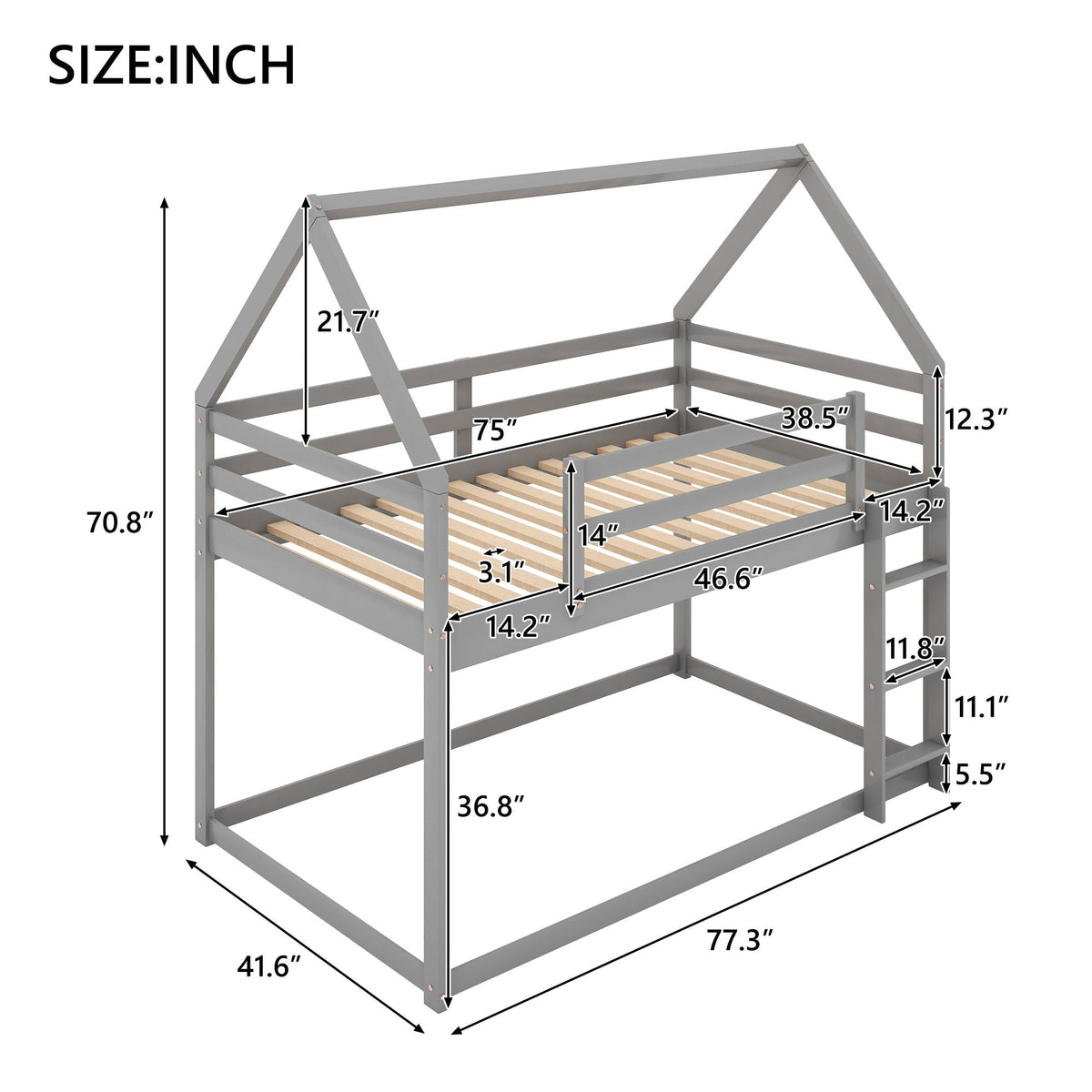 Low Bunk Bed With House Shaped Frame and Ladder - Twin Over Twin