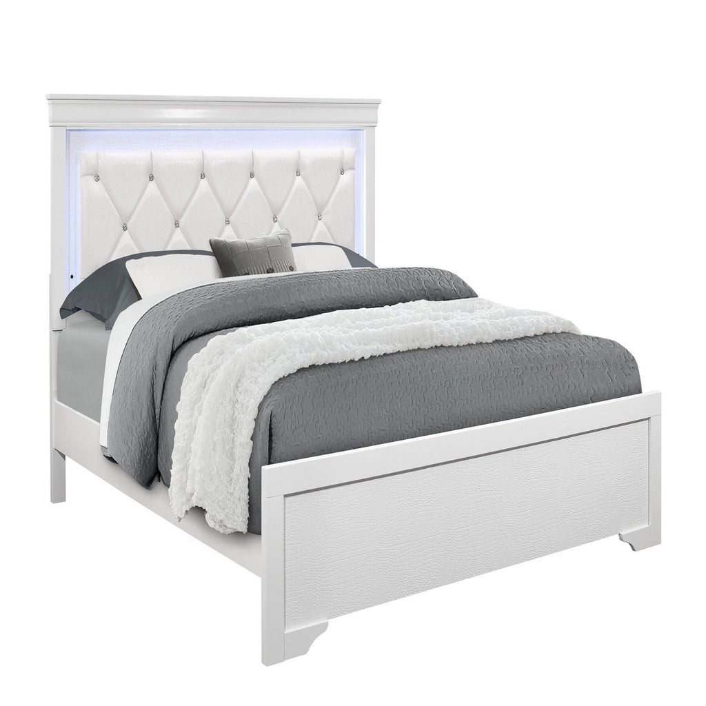 Panel Bed with LED Lighting and Tufted Headboard - White or Dark Gray