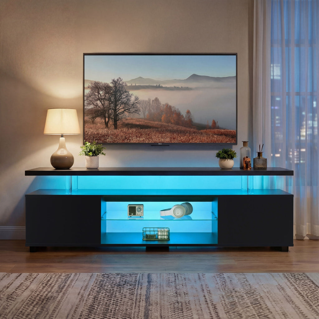 TV Stand with LED and Large Side Cabinet - White, Black, or Gray