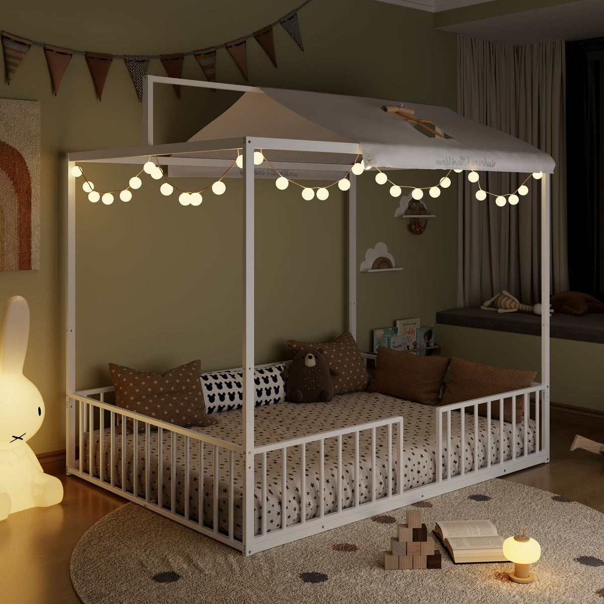 3 In 1 Convertible Montessori Floor Bed with Fenced Support - Full