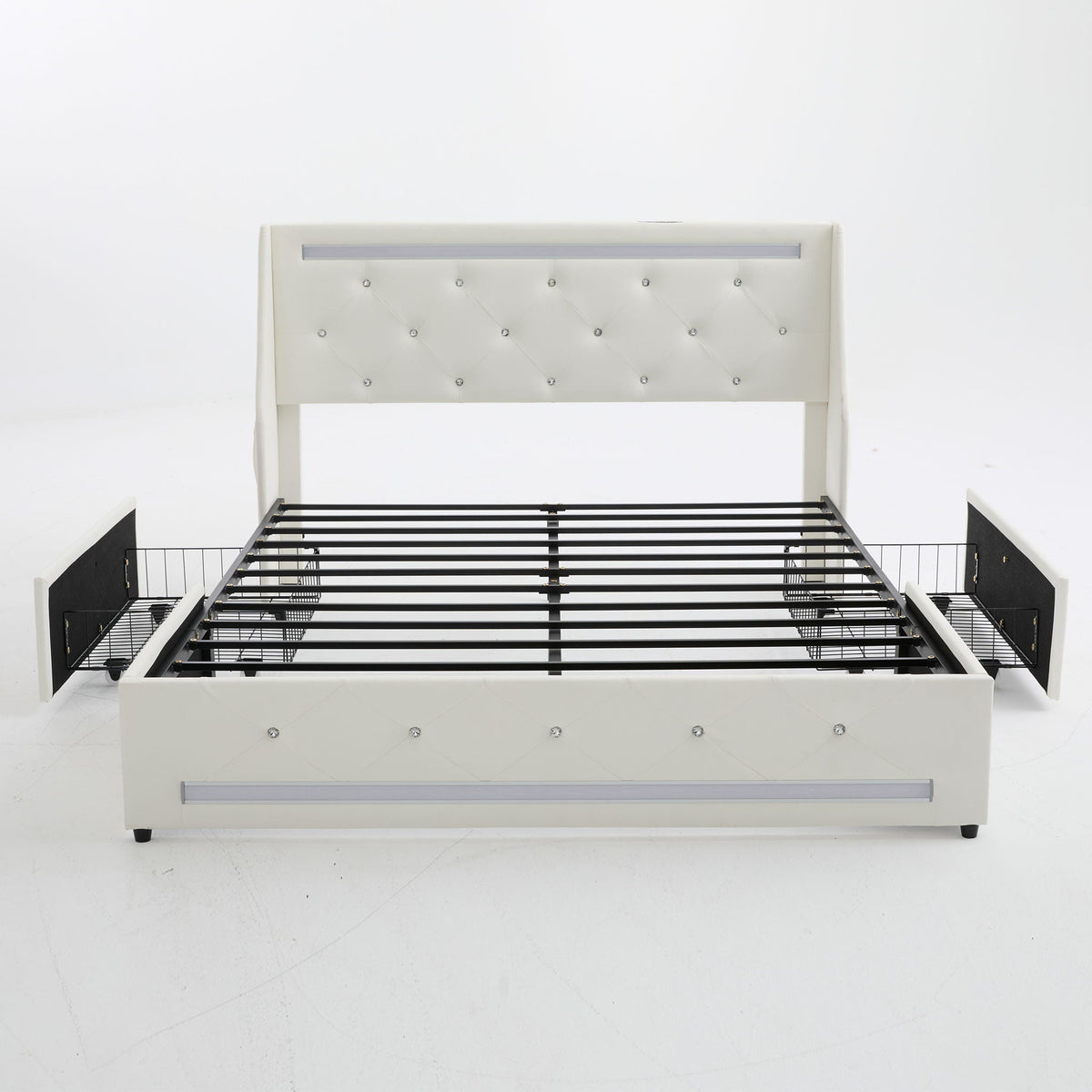 Wingback Upholstered Bed Frame with LED Lights and Charging Station - Black or White