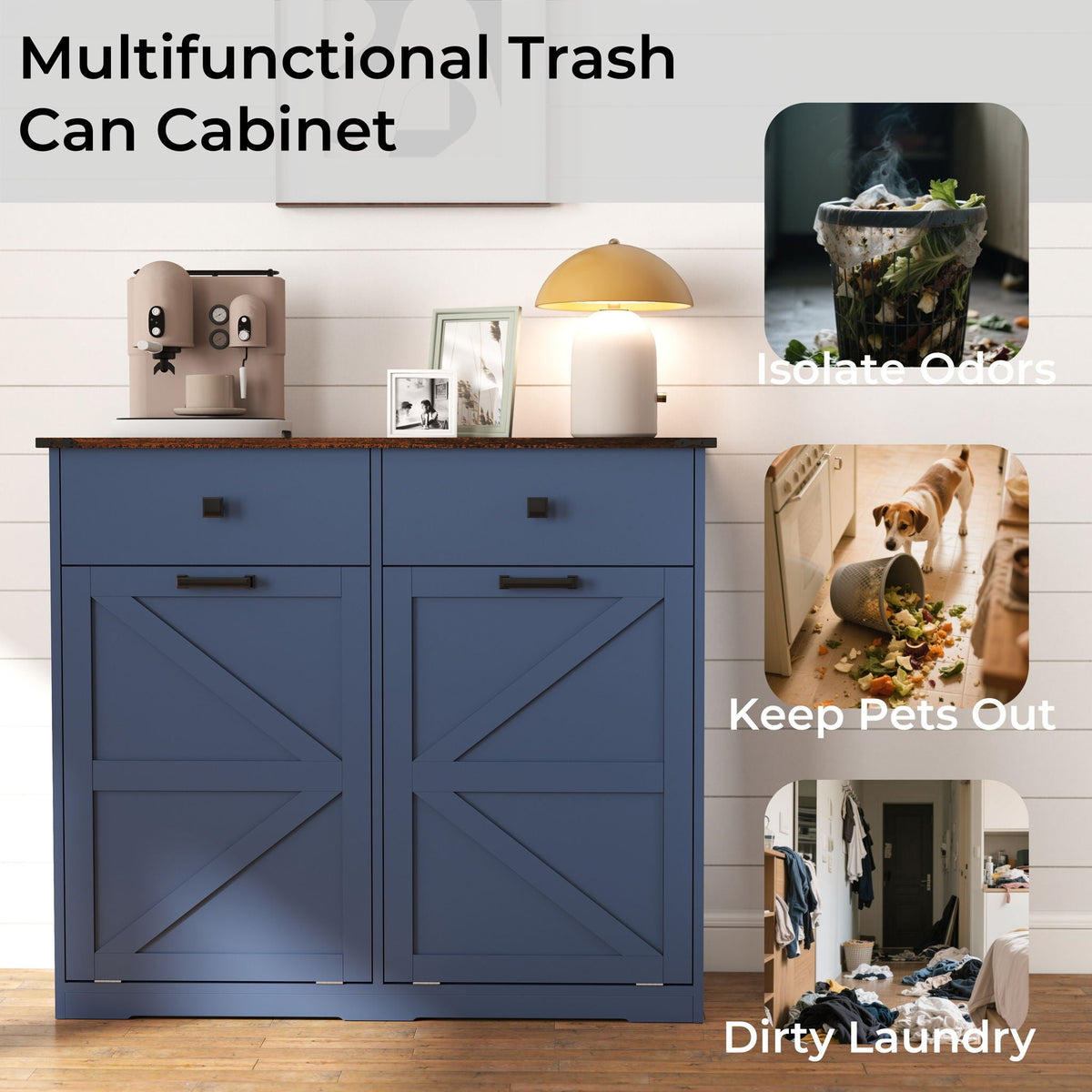 Double Tilt Out Trash Cabinet with Hideaway Drawer - Barn Door Style