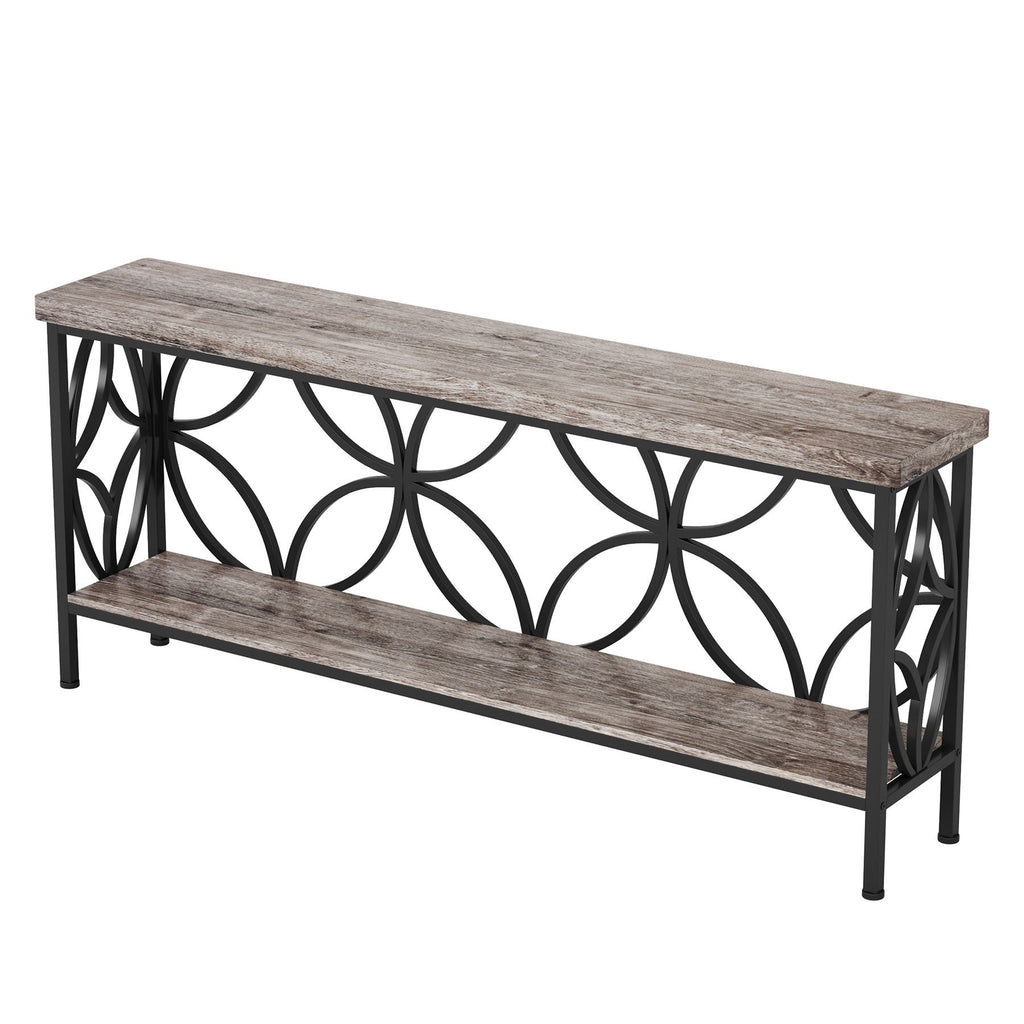Extra Long Console Table with Open Storage Shelves - Dark Gray or Dark Brown