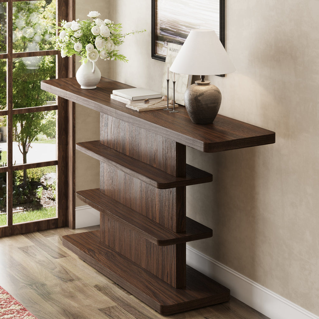 Vintage Narrow Console Table with 2 Tier Open Storage Shelves - Solid Wood Finish