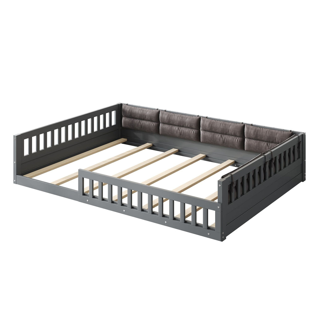Upholstered Platform Bed with Guardrail and Pillow - Dark Gray