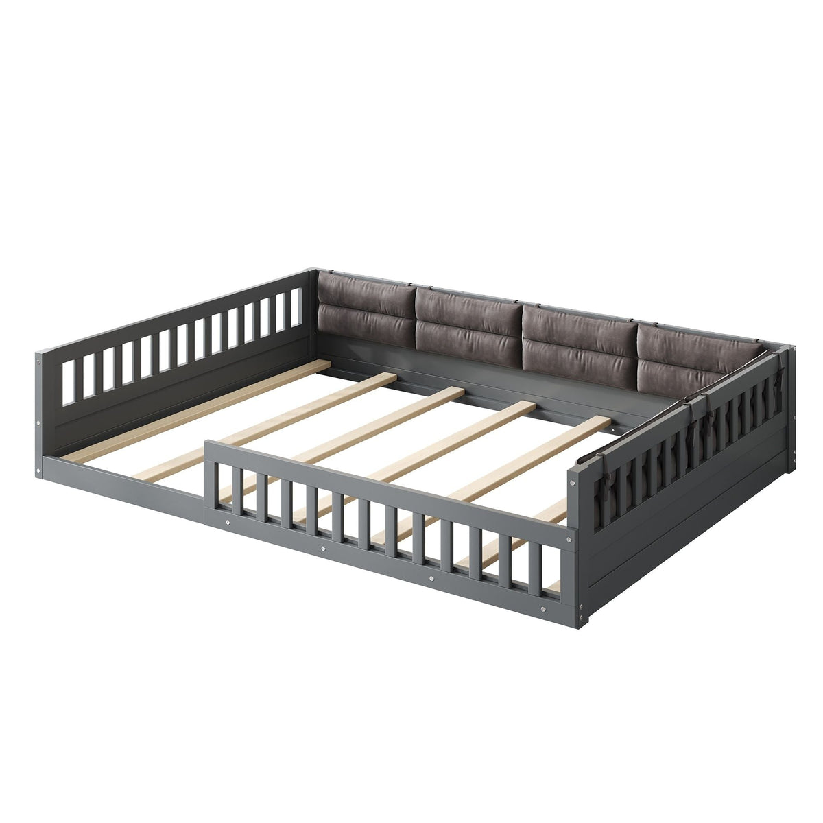 Upholstered Platform Bed with Guardrail and Pillow - Dark Gray