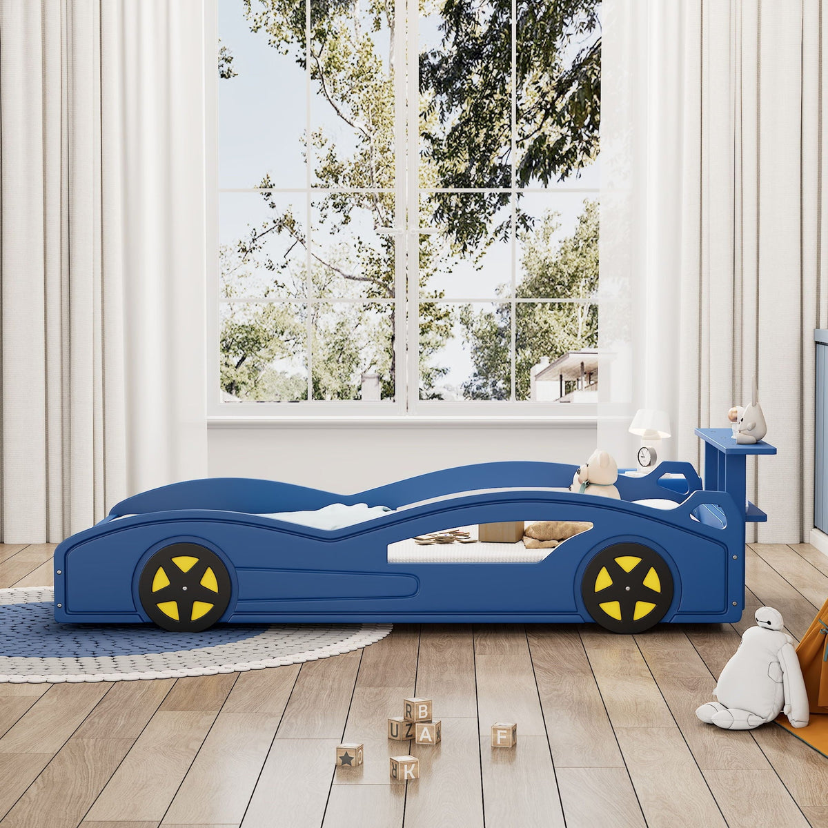 Race Car Platform Bed with Built-In Storage and Side Rails - Twin Size, Red or Blue