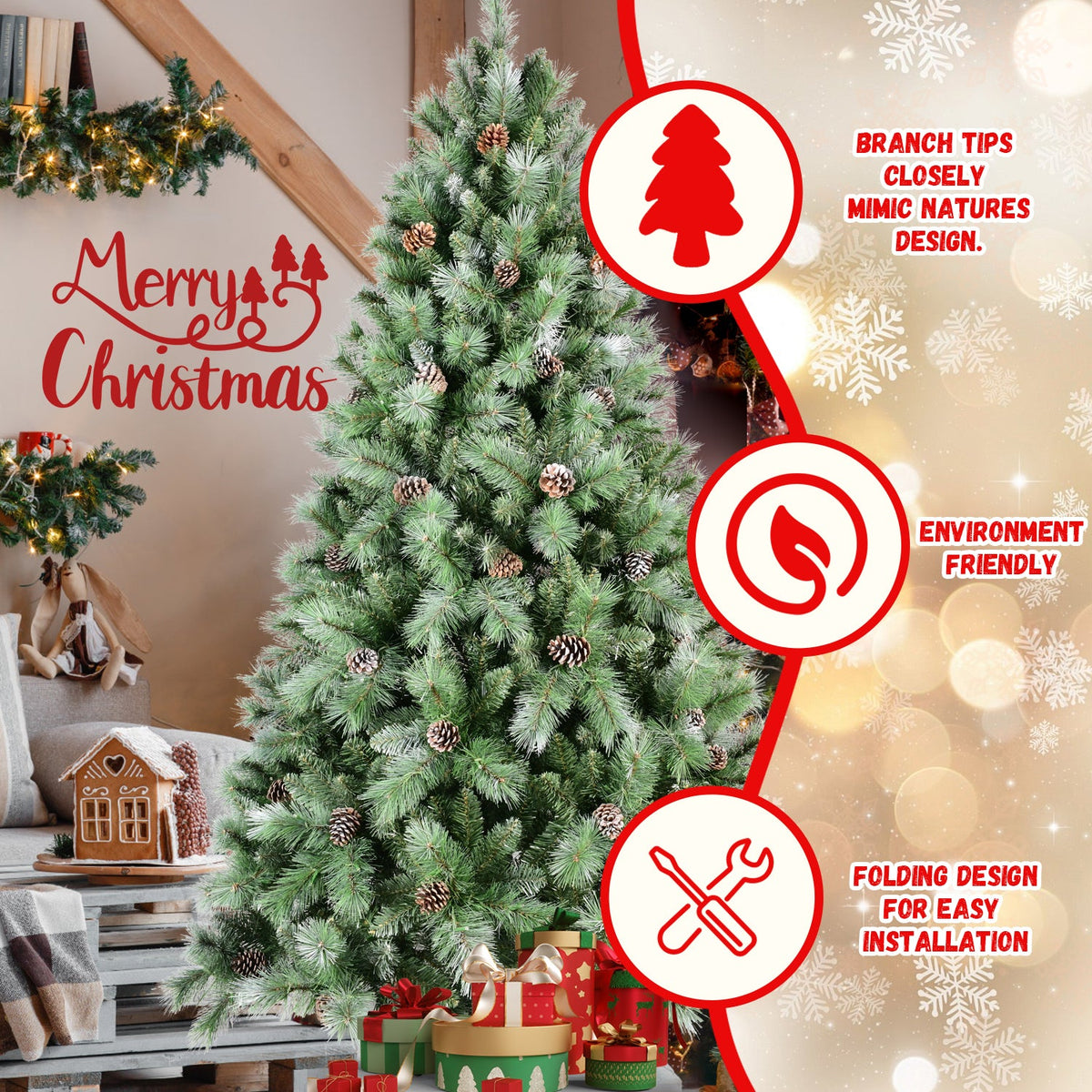 7FT Christmas Tree with 82 Pine Cones - Realistic PVC Holiday Tree