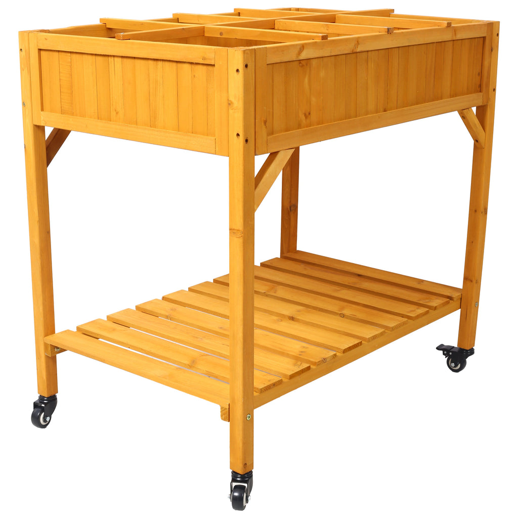 Elevated 8 Pocket Herb Garden Bed with Lockable Wheels - Fir Wood