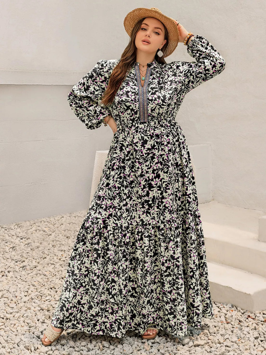 Plus Size Floral Print Long Sleeve Tiered Maxi Dress