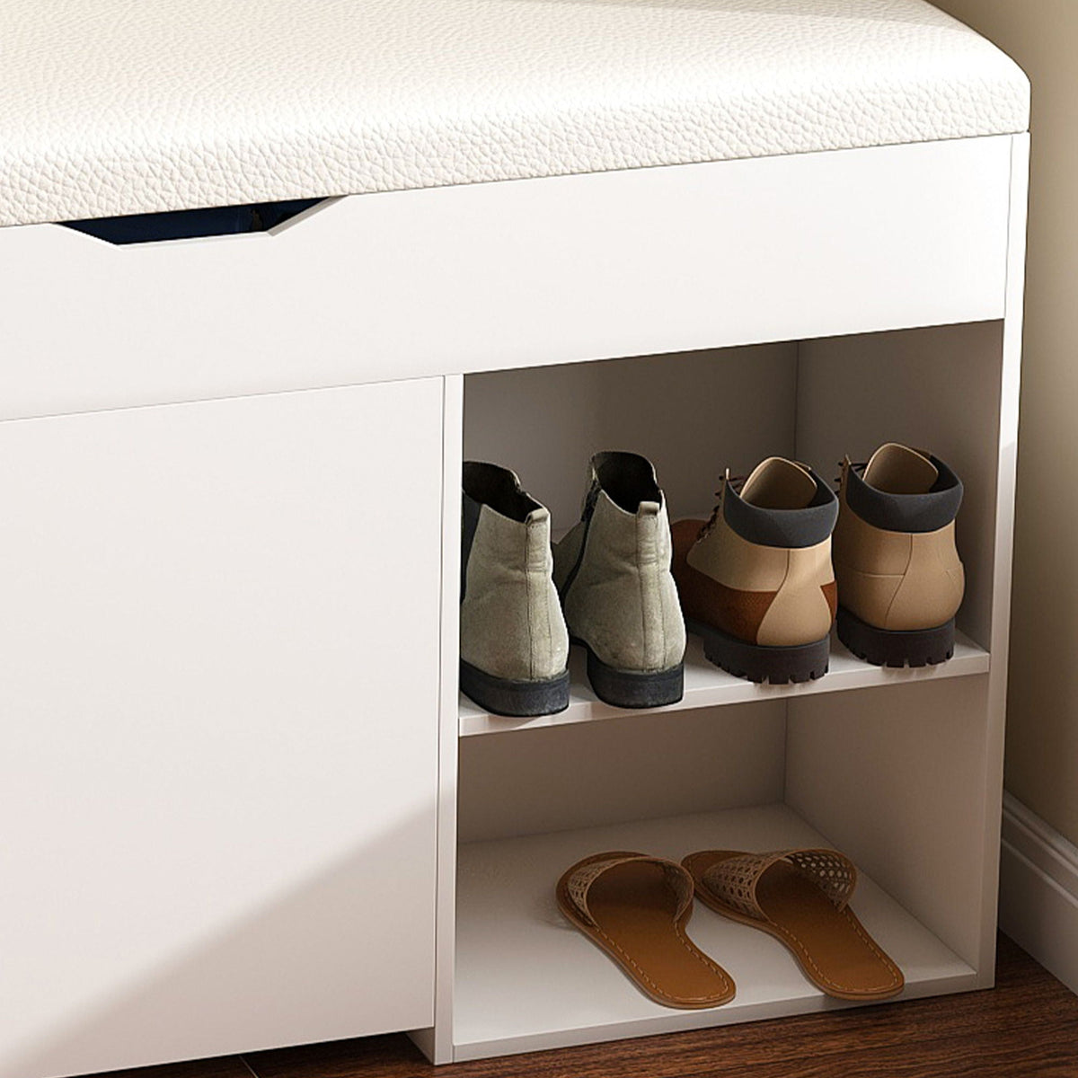 Modern White Entryway Bench with Adjustable 3-Tier Flip-Up Drawers and Hidden Cabinet