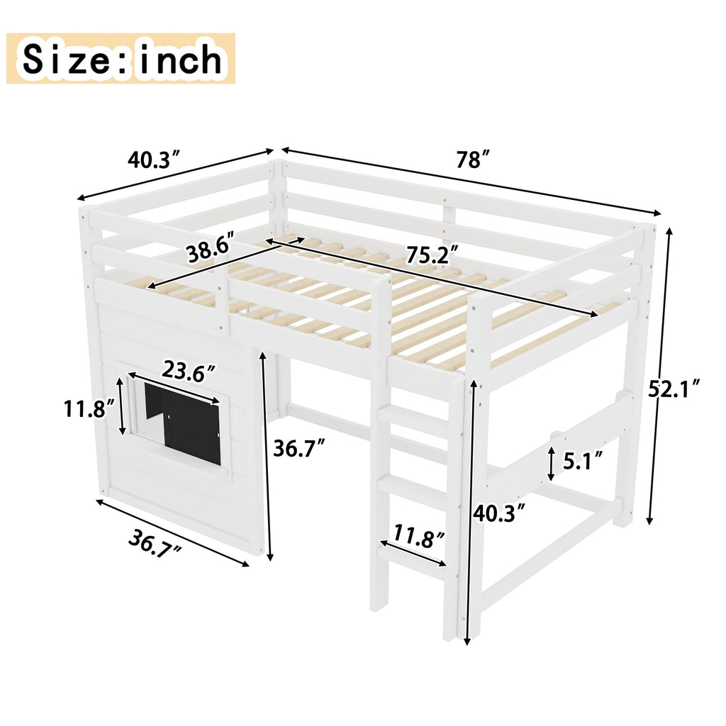 Twin Size Loft Bed with Sliding Chalkboard & Bookshelf - White