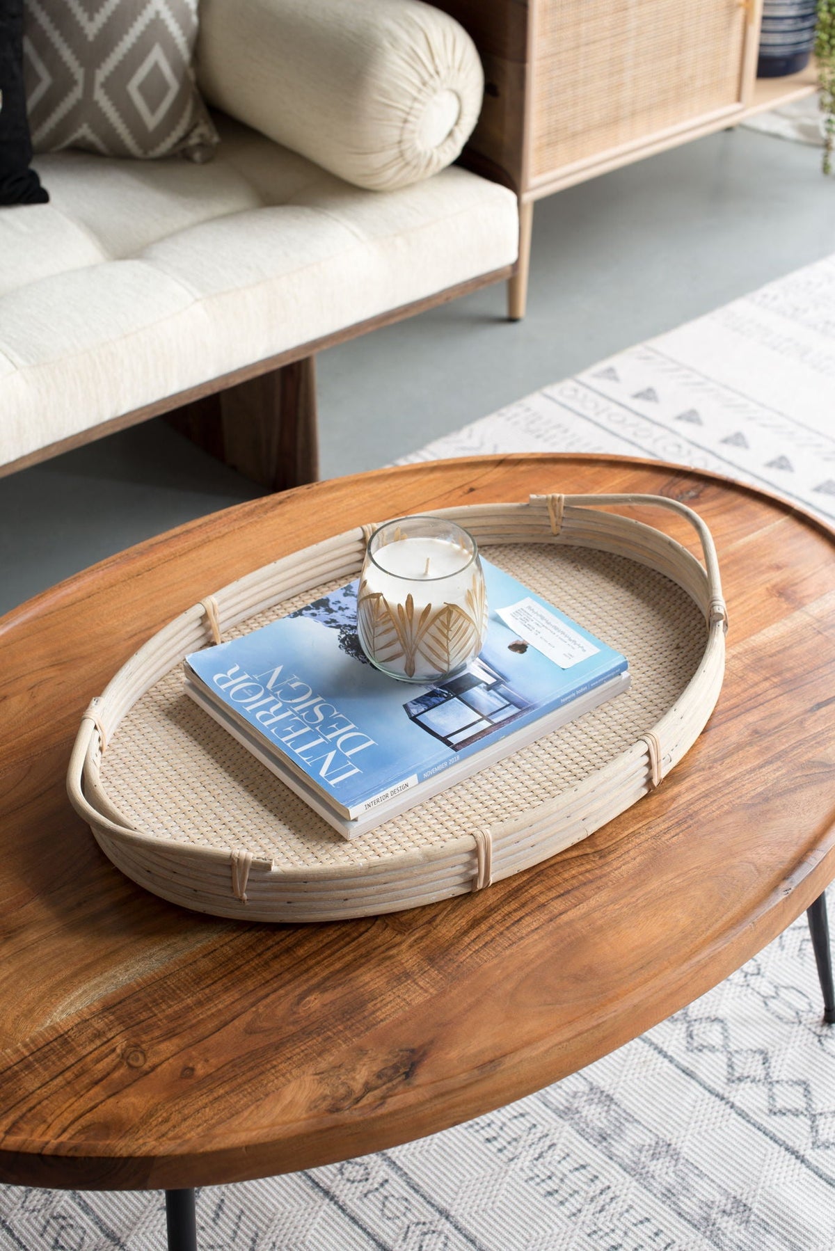 Oval Coffee Table with Acacia Wood and Iron Base - Brown
