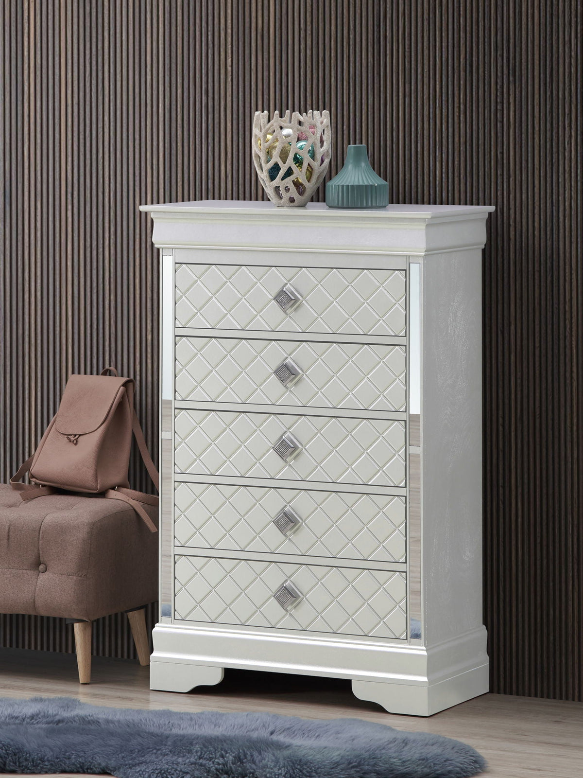 Embossed X Design Accent Chest with Crystal Pulls - Gray, Black, or Pearl Silver