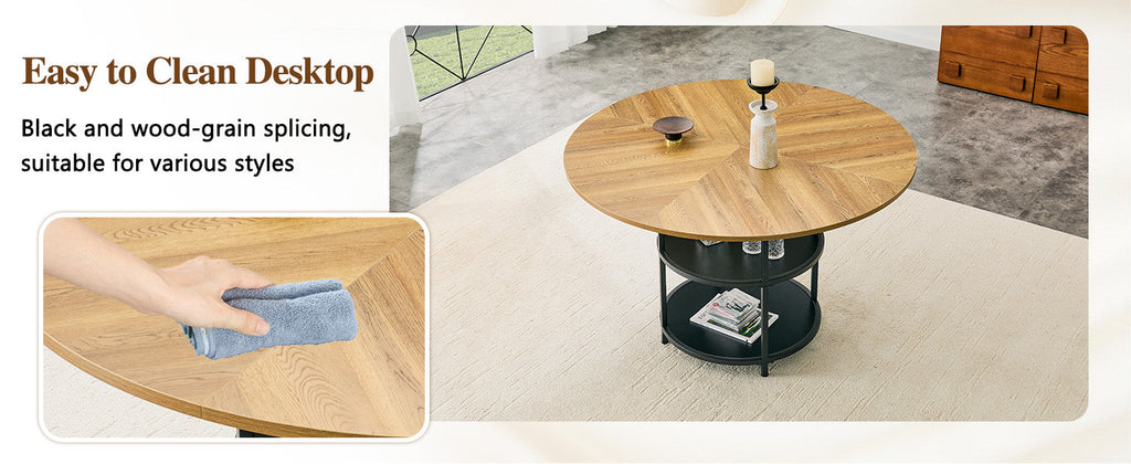 47.3-Inch Diameter Modern Circular Dining Table with Double-Layer Storage - Black, Wood