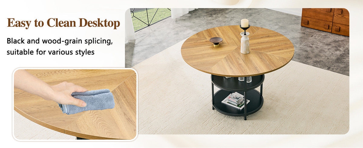 47.3-Inch Diameter Modern Circular Dining Table with Double-Layer Storage - Black, Wood