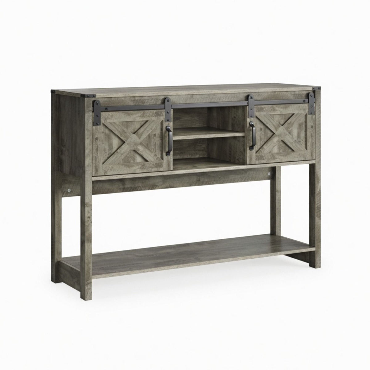 Farmhouse Entryway Table with Sliding Barn Door - Gray, Dark Gray, White, Black